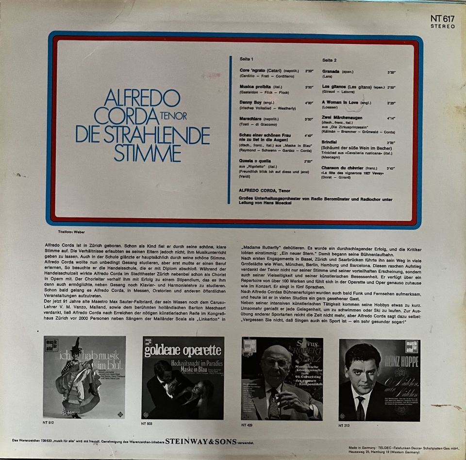 Alfredo Corda LP Vinyl - Die strahlende Stimme in Saarbrücken