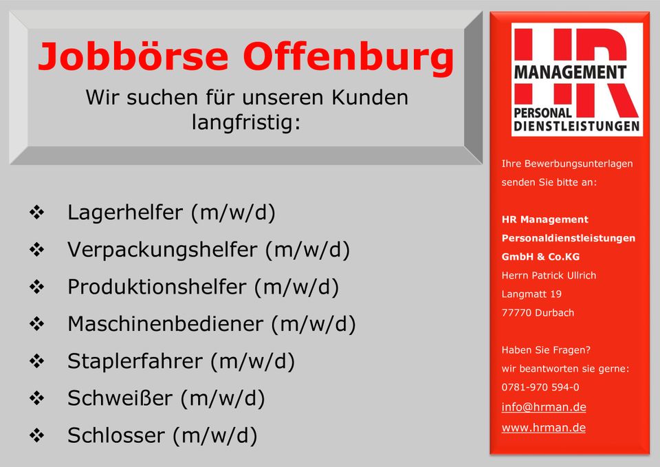 Mitarbeiter im Produktion-/Lagerbereich (m/w/d) gesucht!!! in Oberkirch