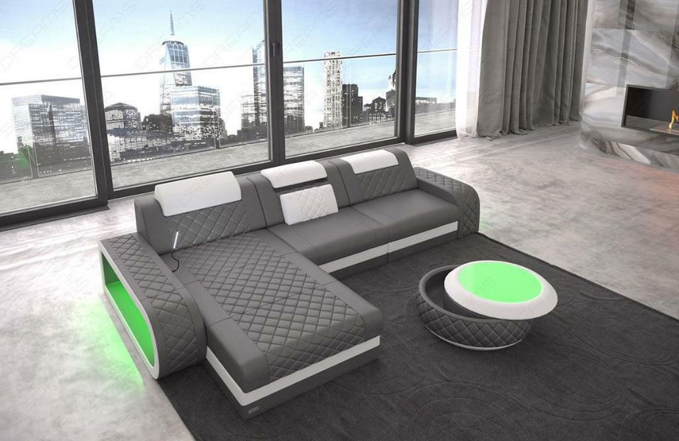 Leder Sofa Eckcouch Berlin L Form mit LED Beleuchtung USB in Berlin