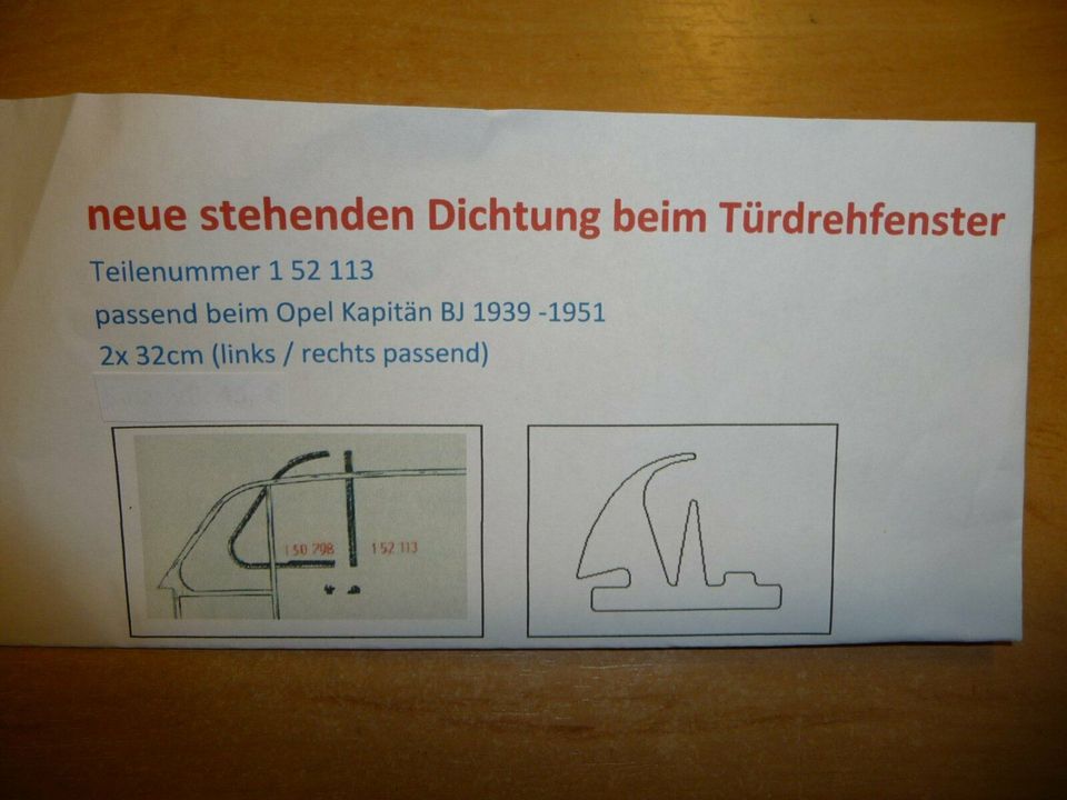 Stehende Dichtung Drehfenster Opel Kapitän 39-53 Admiral 38 in Prackenbach