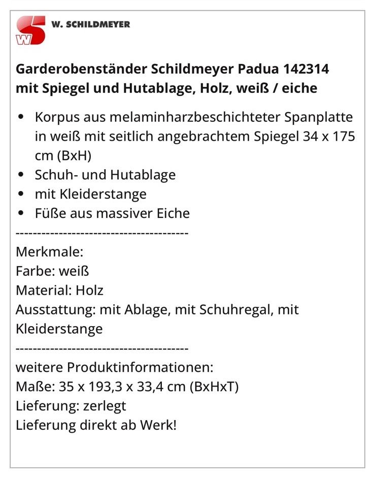 Home24 Schildmeyer Garderobe Padua - Weiß / Eiche in Ulm