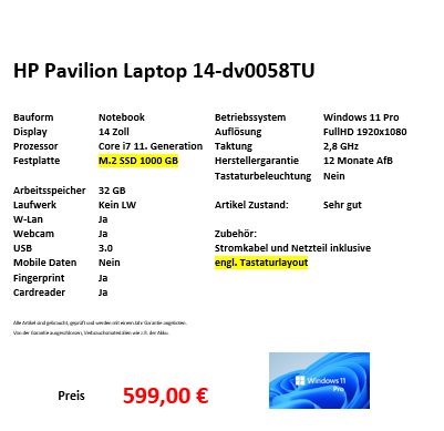 HP Pavilion 14, 14" i7 11Gen. 1000GB SSD 32GB RAM AfB Essen in Essen