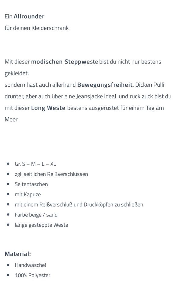 WATTIERTE STEPPWESTE LANG BEIGE mit Kapuze und Reisverschluss in Bamberg