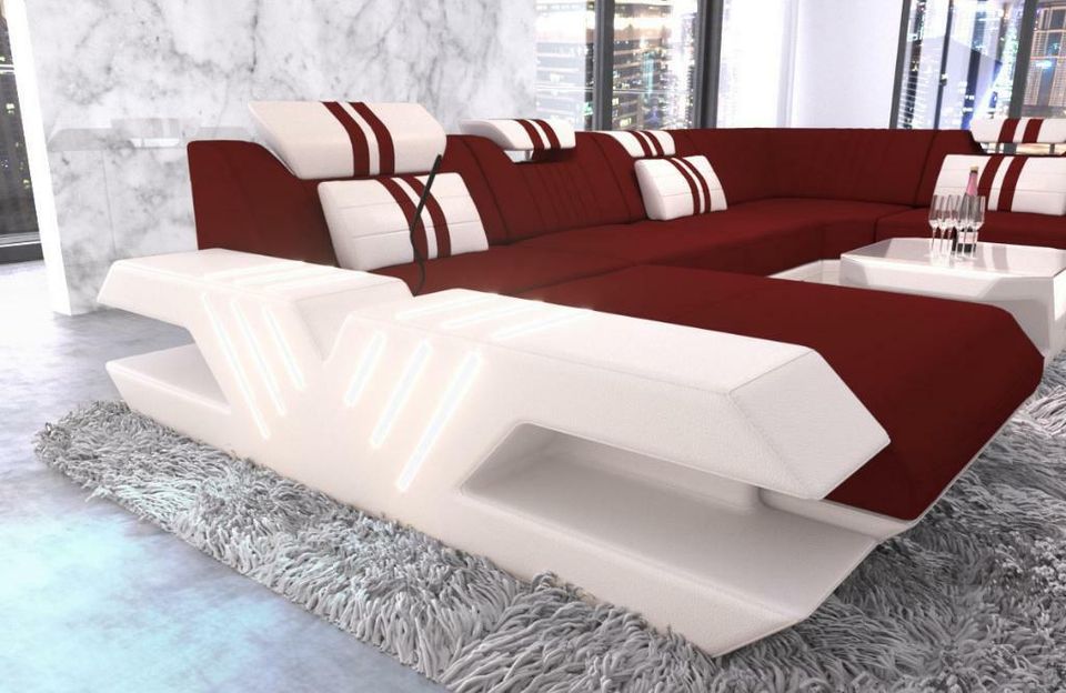 Stoff Sofa Wohnlandschaft Venedig XXL Couch mit Ottomane LED in Berlin