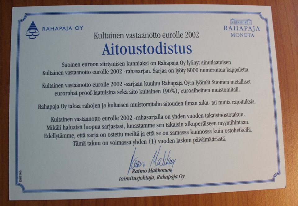 Kursmünzensatz KMS Finnland 2002 PP OVP mit Goldmedaille 7,78g in Wildau