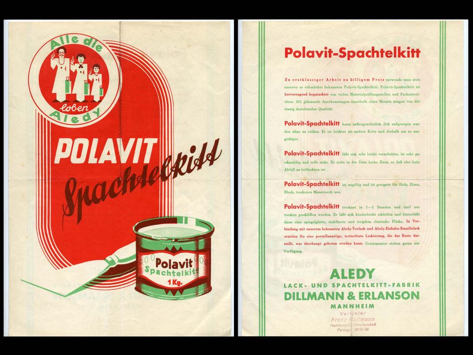 Werbeprospekt: Polavit – Spachtelkitt, Aledy Mannheim, 50er Jahre in Bad Dürkheim