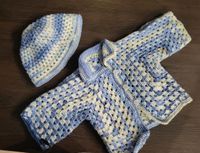 Baby Strick Set handmade blau lila gelb Mütze Jacke Thüringen - Ranis Vorschau