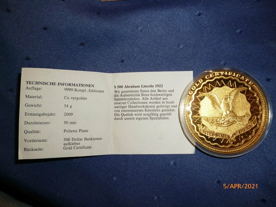 Medaille: 500 Dollar Abraham Lincoln 1922 in Haltern am See