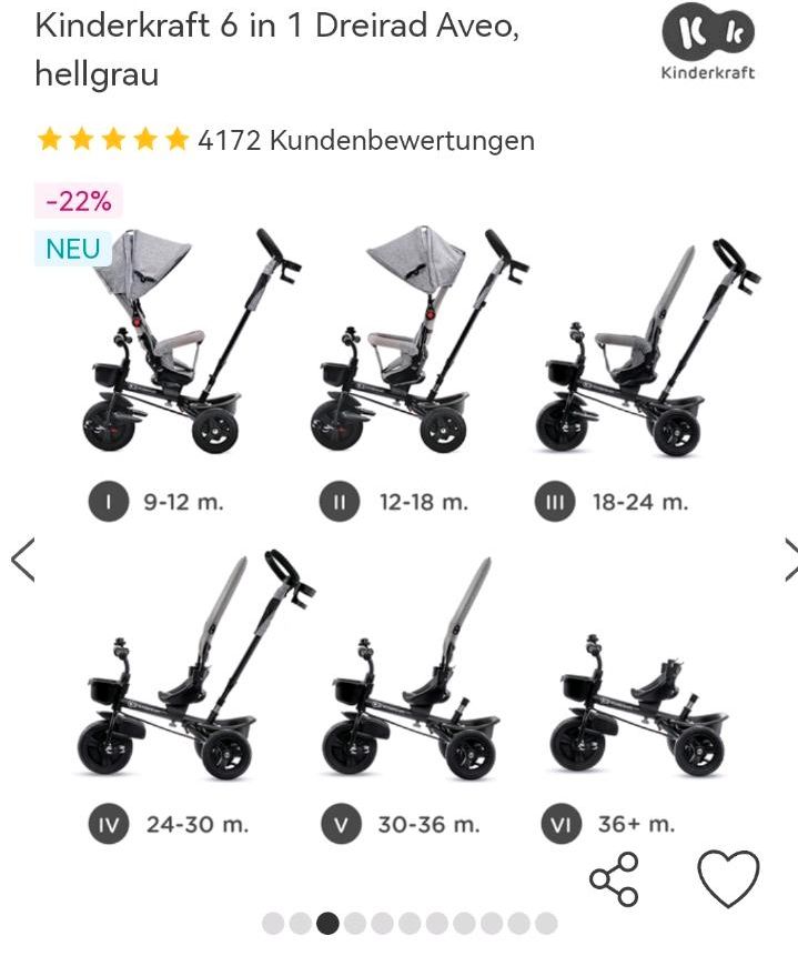 Kinderkraft Dreirad Buggy Aveo Hellgrau 6 in 1 in Lühmannsdorf