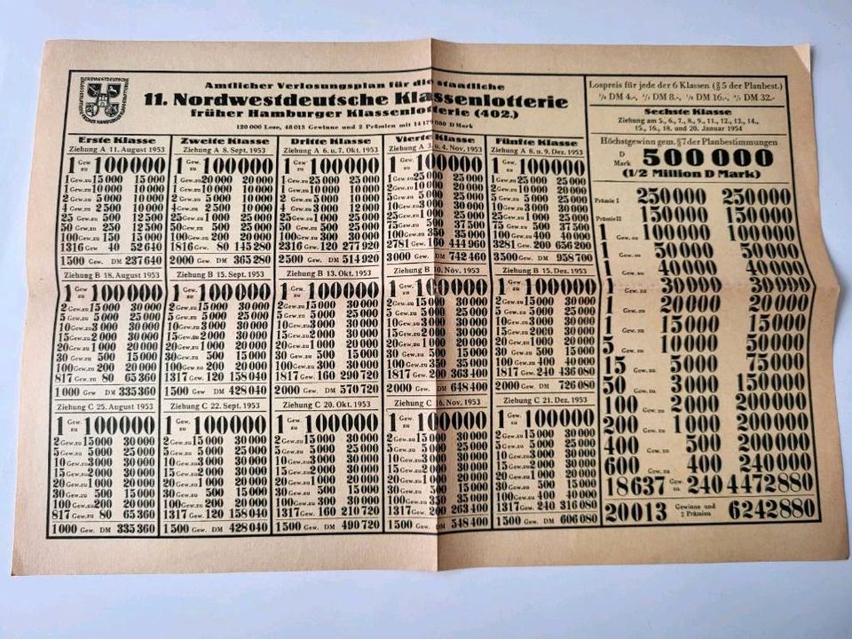 Verlosungsplan + Bestells 11.Nordwestdeutsche Klassenlotterie '54 in Ebstorf