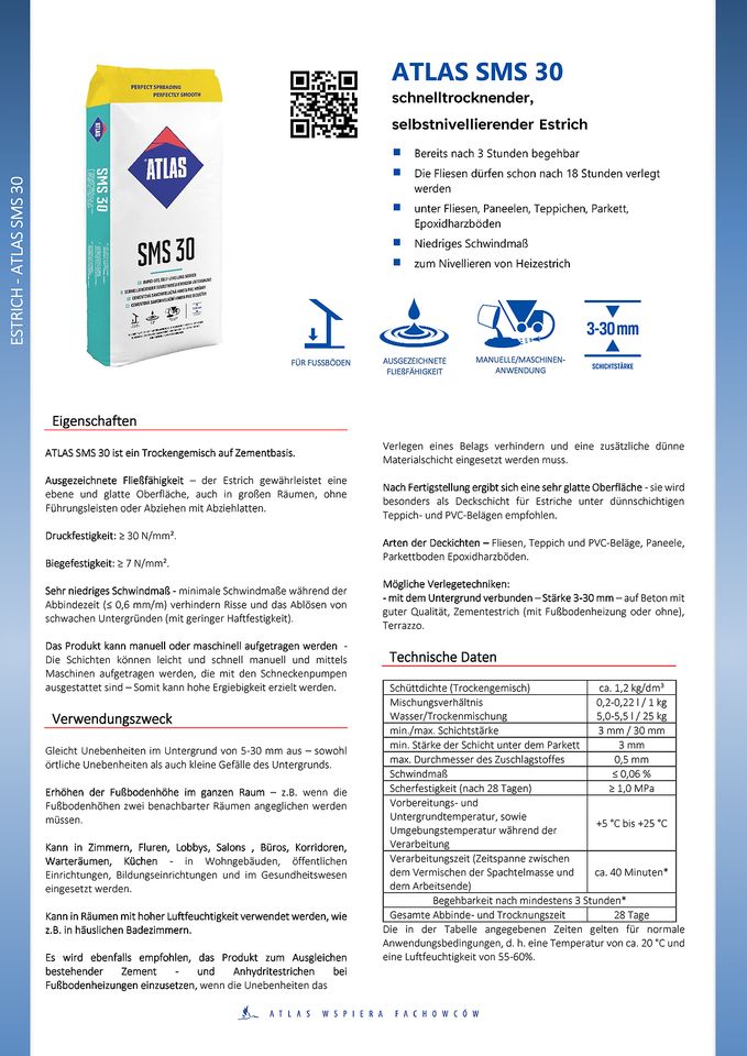 ATLAS SMS 30 Ausgleichsmasse Nivelliermasse  25Kg 19,50€ in Bochum