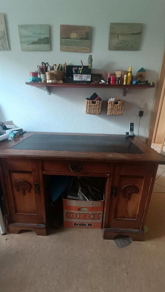 Antik Jugendstil Schreibtisch Sekretär Desk Büro Leder Eichenholz in Meißen