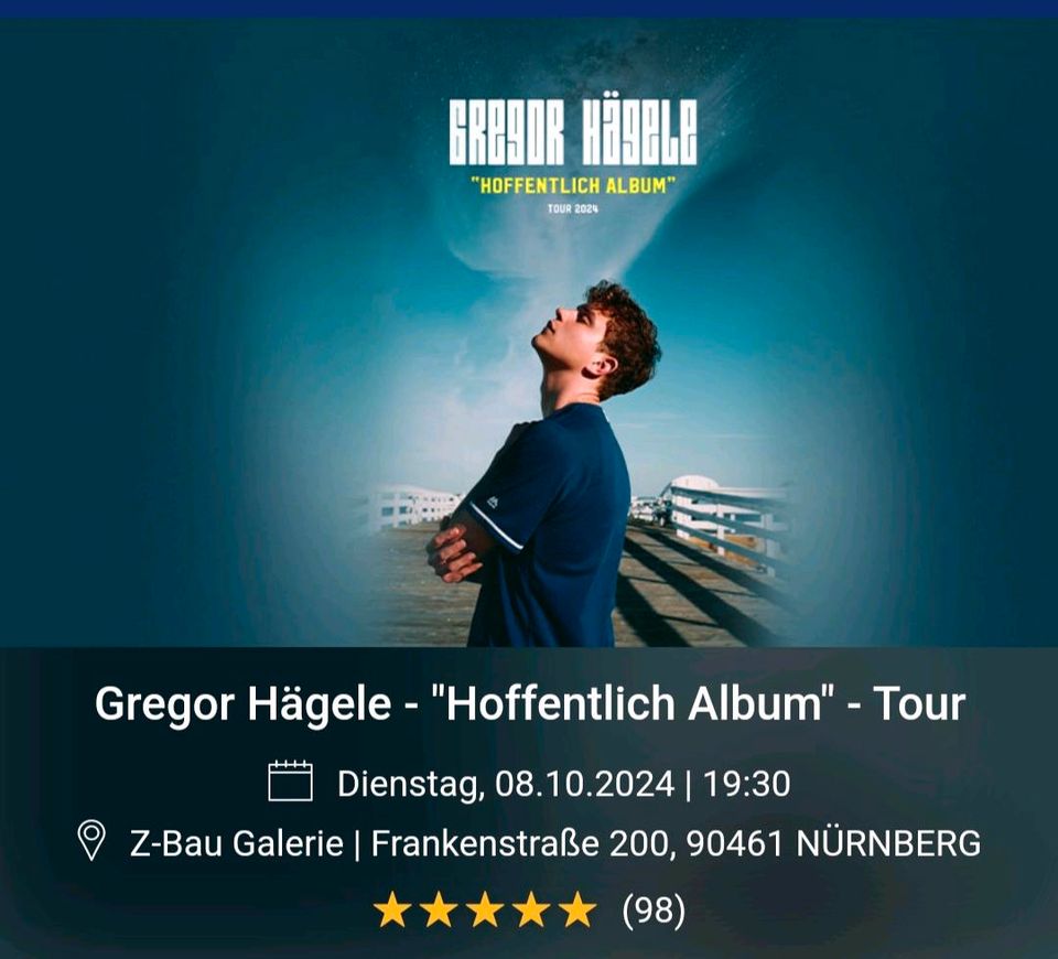 Gregor Hägele, Nürnberg Z-Bau, 08.10.24, 2 Stehplatztickets in Nürnberg (Mittelfr)