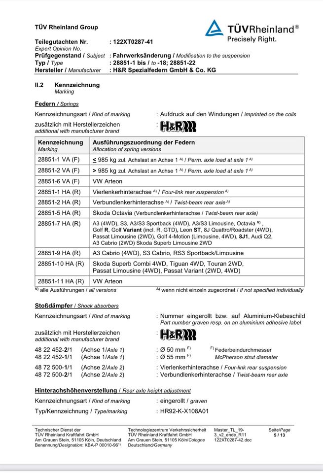 H&R Federn VW Passat B8 Tiguan Skoda Gewindefahrwerk 28851-10HA in Braunschweig