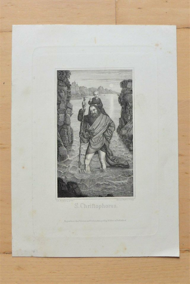 Stahlstich Druck Print schwarz weiß alt vintage St. Christopherus in Adorf-Vogtland