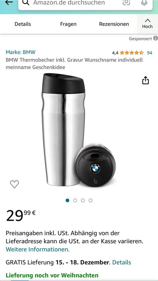 Neu ! Original BMW ISO Mug Thermo Becher Edelstahl 450ml für KFZ in München