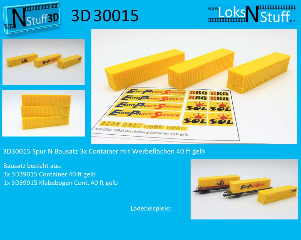 3D30018 Spur N Bausatz 3x Container Werbeflächen 40ft hellgrau in Eschwege