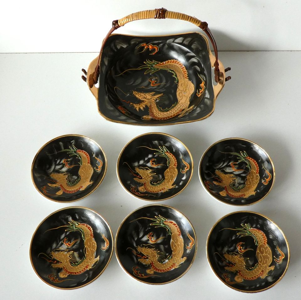 vintage chinesisches Schälchen Set Drache handbemalt schwarz gold in Theismühlen