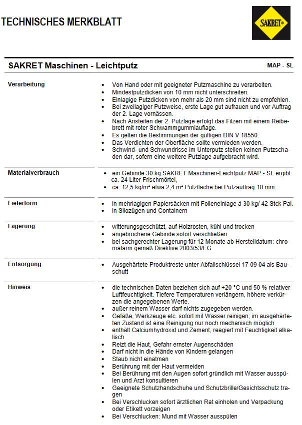 Kalk-Zement-Maschinenputz SAKRET Map+MapL+MapSL+MAP-M+MAP-FL in Nünchritz