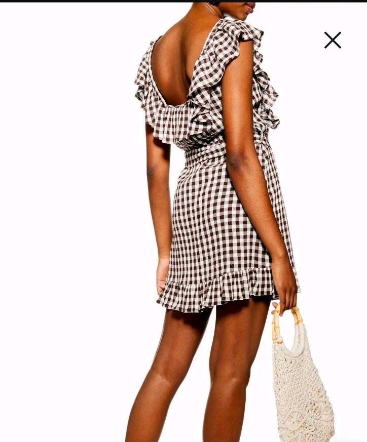 Topshop Gingham Ruffle Minikleid Kleid Vichy Karo 34 xs braun in Neuss