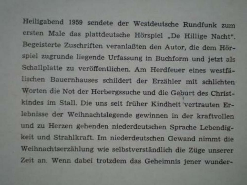 De Hillige Nacht - Weihnachten in Westfalen WDR Hörspiel 1959 LP in Angelmodde