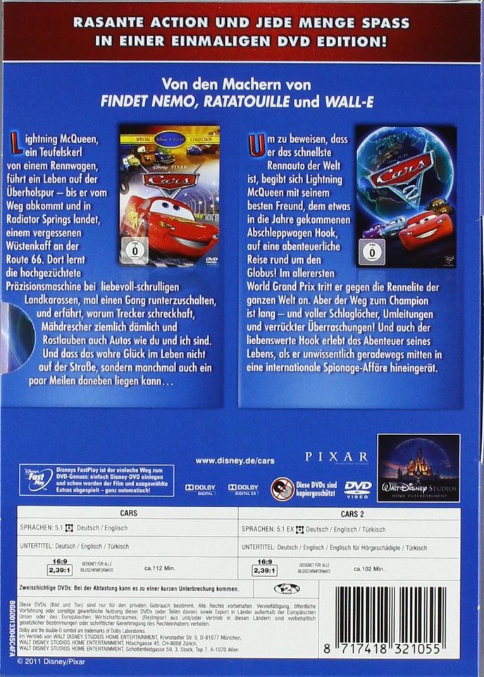 2 Disney-Trickfilm-DVDs „Cars + Cars 2“ (einmalige Disney-Edition in Weimar