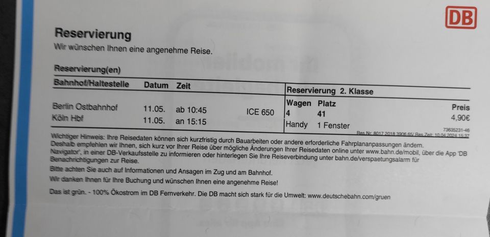DB Ticket ICE  Berlin - Köln  am 11.05.2024 in Stolberg (Rhld)