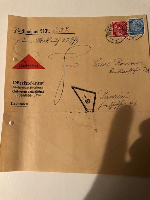 Nachnahme Umschlag Deutsche Reich, 25.01.1935, Schwerin. in Faßberg