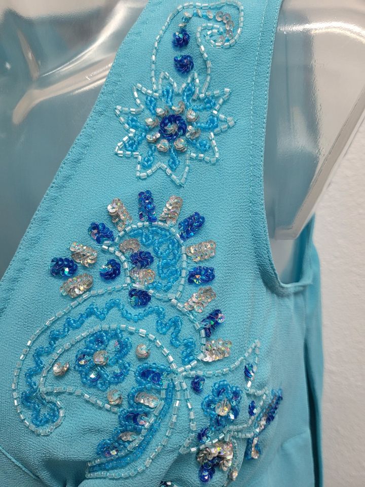 Elegantes Sommer Ballkleid Gr.38 türkis blau V-Ausschnitt Perlen in Bindlach