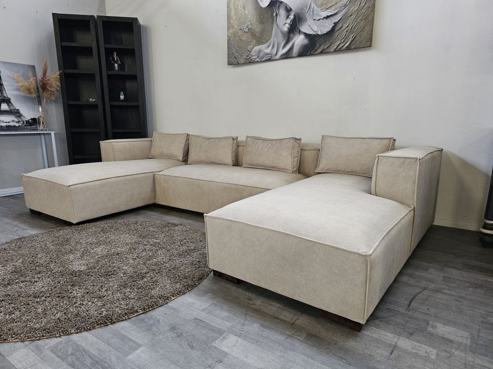 Wohnlandschaft Couch creme Samtoptik Sofa Polstersofa Polstergarn in Bielefeld