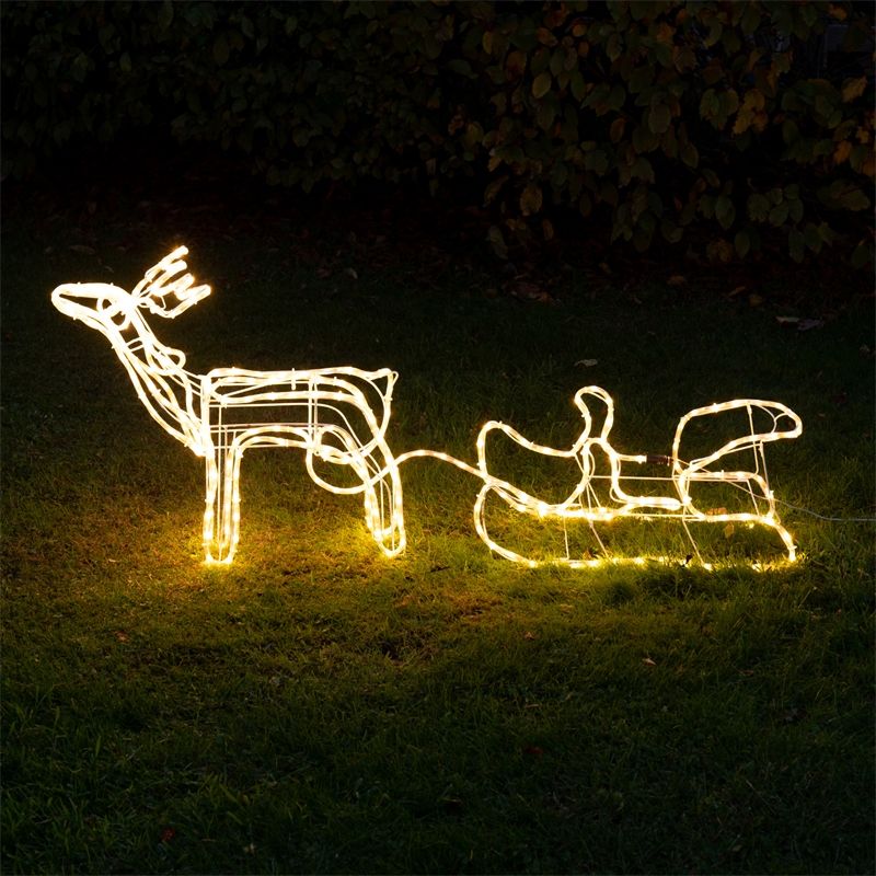 VOSS.garden LED Rentier mit Schlitten Weihnachtsfigur 120cm, Outdoor Weihnachtsbeleuchtung in Viöl