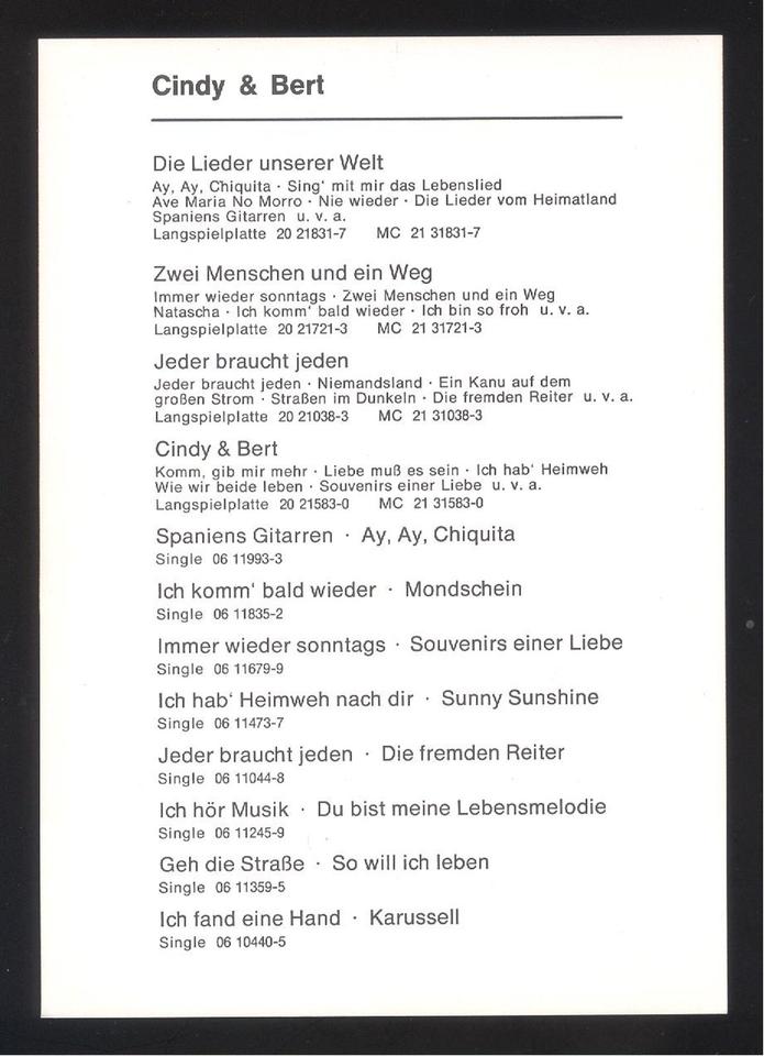 Cindy & Bert Foto Autogrammkarte BASF Cornet, signiert (ca. 1974) in Berlin