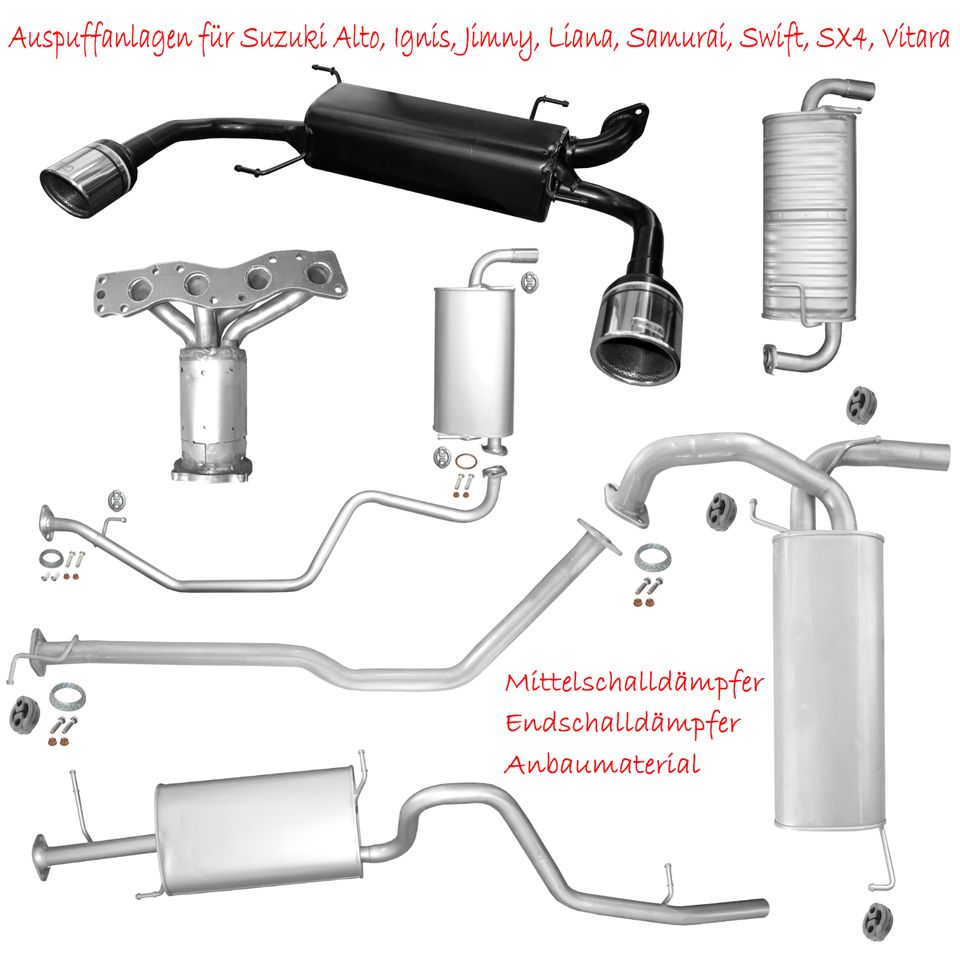 Suzuki Alto Ignis Jimny Liana R+ Samurai Swift SX4 Vitara Auspuff Endschalldämpfer Mittelschalldämpfer Hosenrohr Katalysator Rußpartikelfilter Sportauspuff Lambdasonden Flexrohre Rohre Winkelrohre in Hoyerswerda