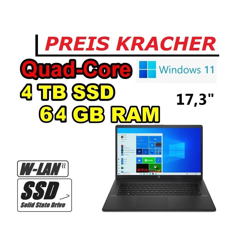HP LAPTOP 17,3" QUAD-CORE 64GB RAM 4TB SSD OFFICE WLAN WIN11 VB* in Altendiez