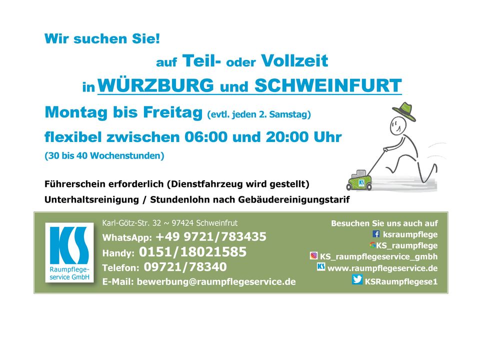 Arbeit Vollzeit Reinigungskraft (m/w/d) in Würzburg & Schweinfurt in Würzburg