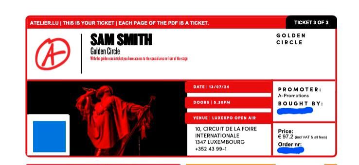 Ticket Konzertkarte Sam Smith in Luxembourg in Bous