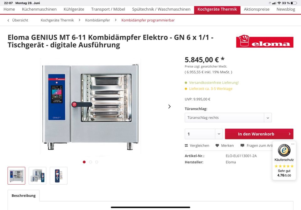 Eloma Genius MT -11 kombidämpfer mit Kondenshaube in Kronberg im Taunus