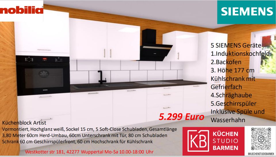 Nobilia Küche mit 5 Siemens Geräte Hochglanz weiß in Wuppertal