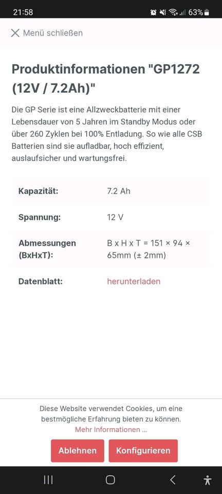 Akku Batterie 12V 7,2Ah CSB GP in Uffenheim