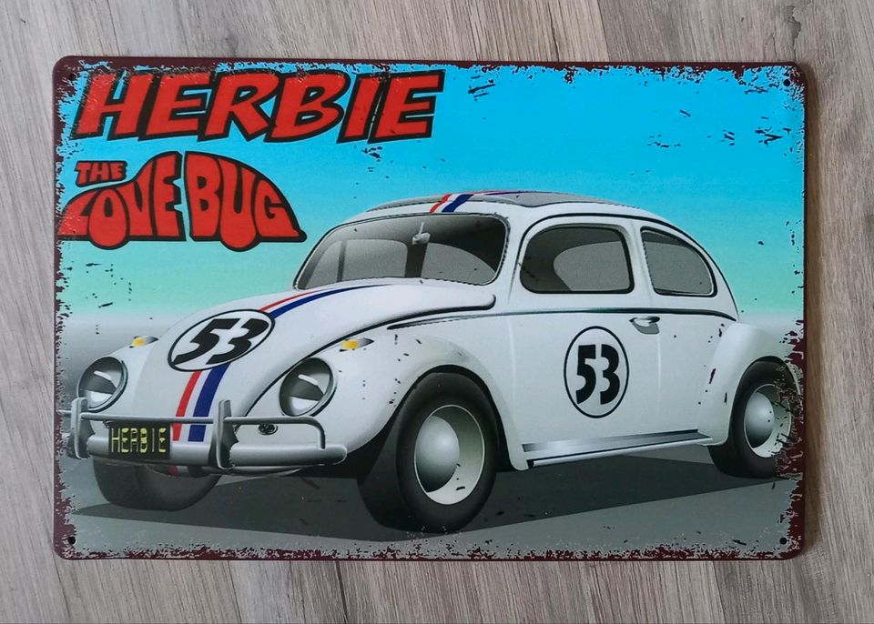 Werbe Blechschild VW Käfer Herbie in Edling