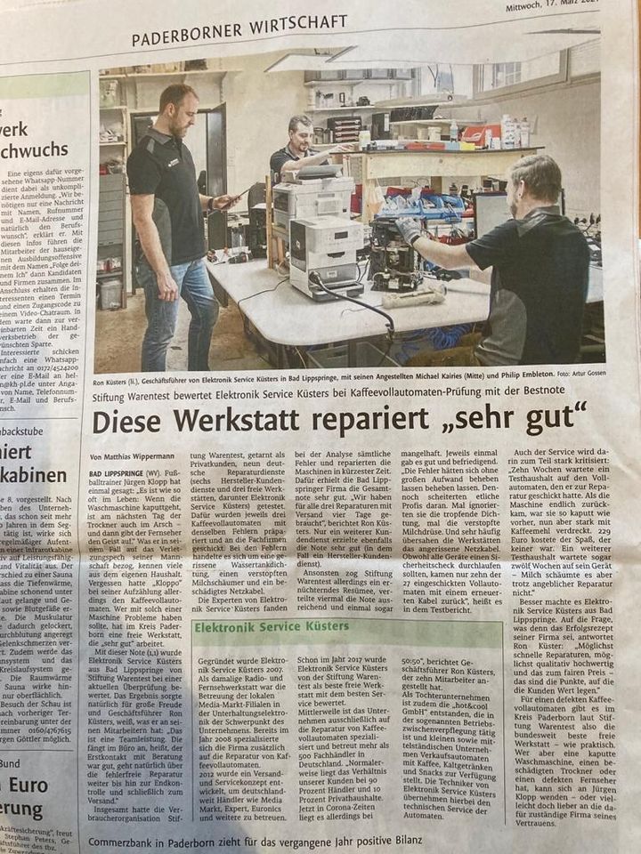 Reparatur & Wartung v. Kaffeevollautomaten. Rep. Zeit 1-2 Tage in Bad Lippspringe