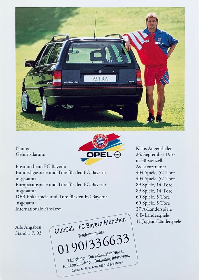 KLAUS AUGENTHALER handsign Autogrammkarte FC Bayern FCB 1992 1993 in Engelskirchen