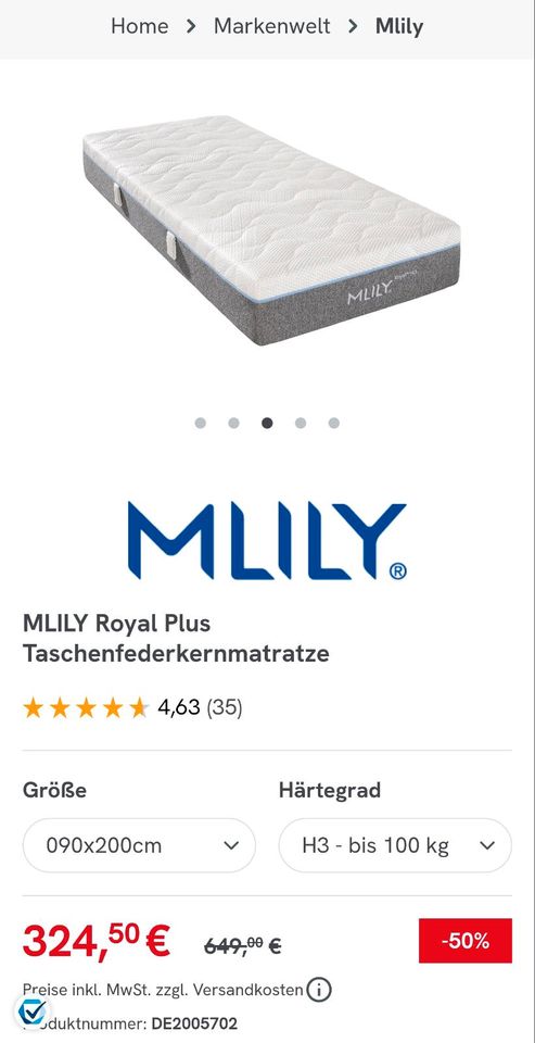 MLILY Royal Plus Taschenfederkern Matratze 90 x 200 cm, wie Neu, in München