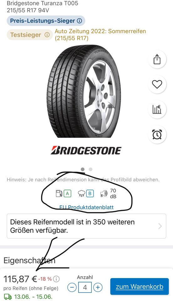 Sommerreifen 4x Bridgestone Turanza 215/55/R17 94V in Kiel