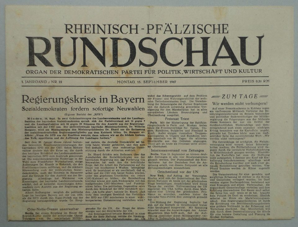 Rhein-Pfälzische Rundschau 1947 – Politik, Wirtschaft, Kultur in Bad Dürkheim