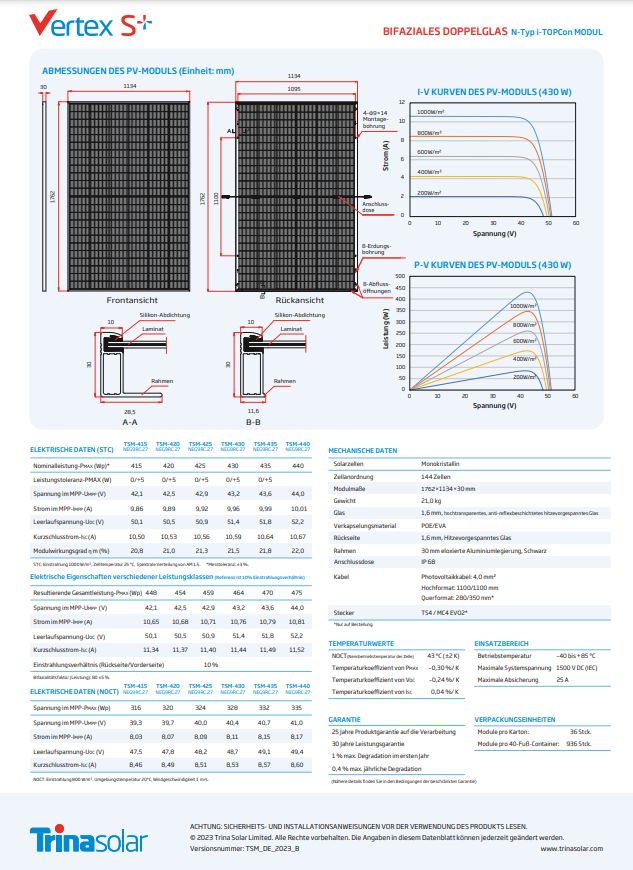 Trina Vertex S+ NEG9RC.27 bifazial GG 430Watt Solarmodule- Lager in Bretzenheim