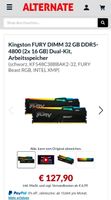 Kingston FURY DDR5 2x16 GB 32 GB Arbeitsspeicher  Dual Kit Baden-Württemberg - Langenau Vorschau