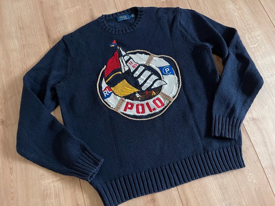 Polo Ralph Lauren Sweater Pullover Strick Wolle Blau L Boot Gant in Mühldorf a.Inn