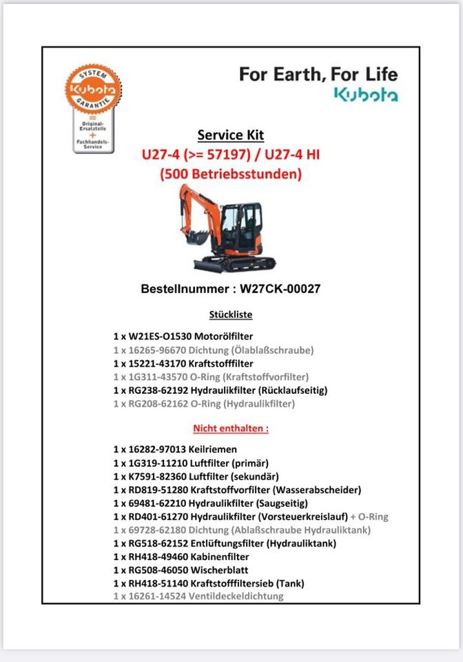 Kubota Service Kit - Wartungssatz - Filtersatz in Bad Oeynhausen