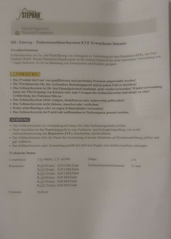 Fritz Stephan Einweg Schlauchsystem EVE Erwachsene REF 107061125 in Birkenfeld